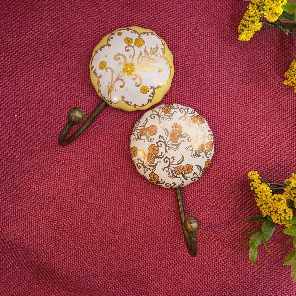 Ceramic Wall Hooks with Brass Brackets - Versatile Coat, Towel, and Robe Hangers